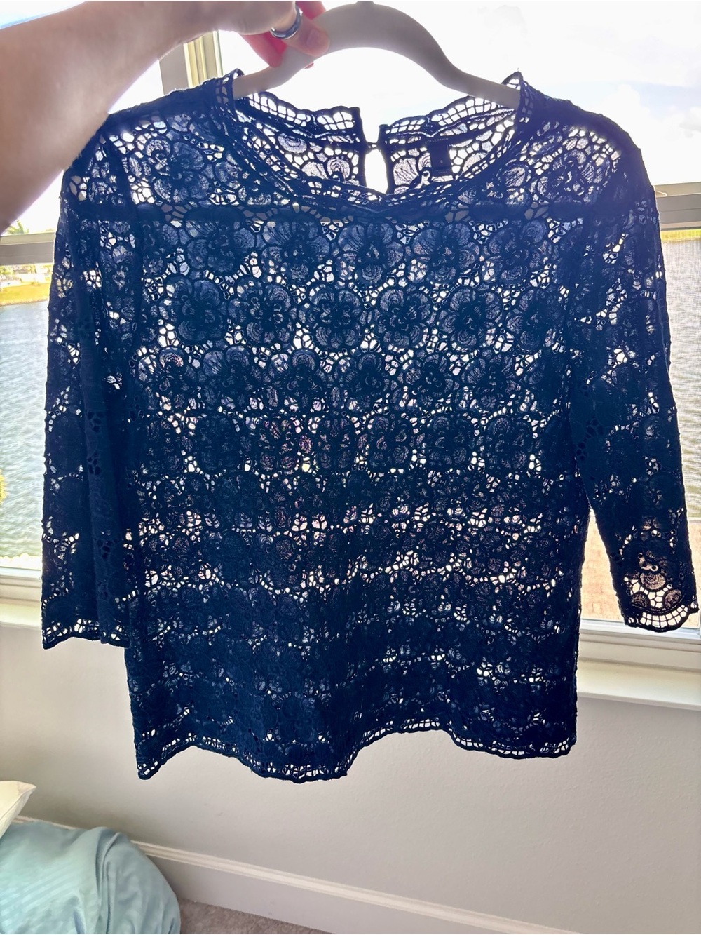 J. Jill 100% Cotton Navy Blue Lace Crochet Top Boho Coastal Grandmother Small